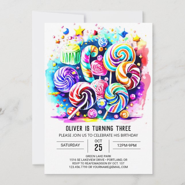 Elegant Candyland Printable Birthday Inbjudningar (Framsida)