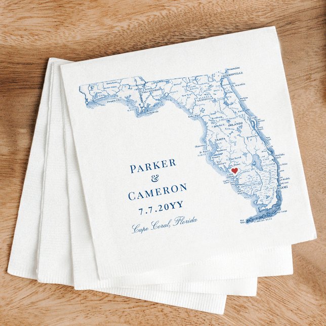 Elegant Cape Coral Florida Karta Bröllop Pappersservett (Elegant Cape Coral Florida Wedding Napkins with navy blue map design from Coastal Map Designs)