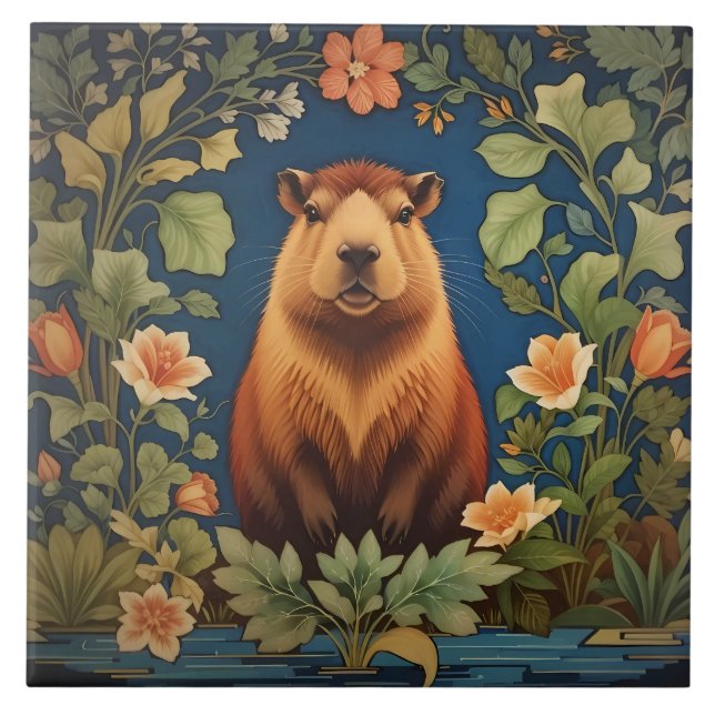 Elegant Capybara William Morris Inspired Kakelplatta (Framsidan)