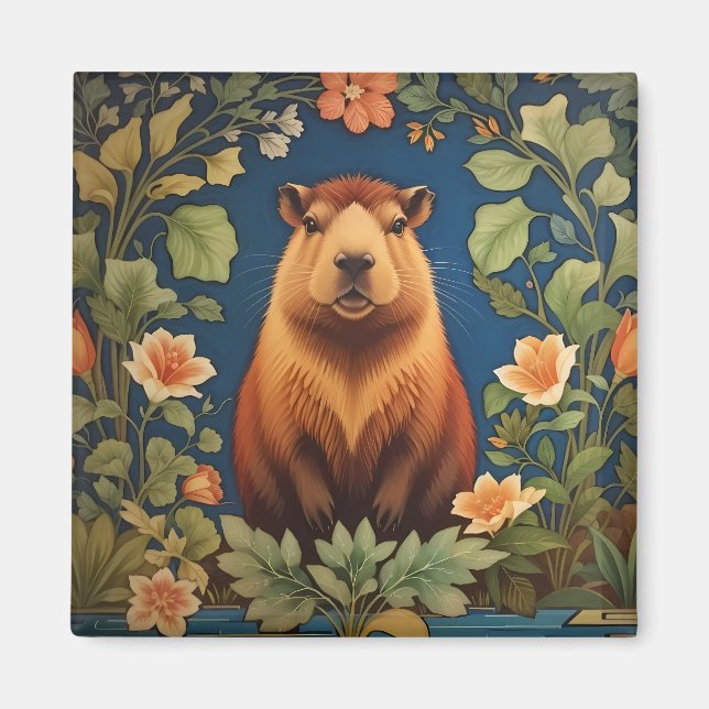 Elegant Capybara William Morris Inspired Magnet (Framsidan)
