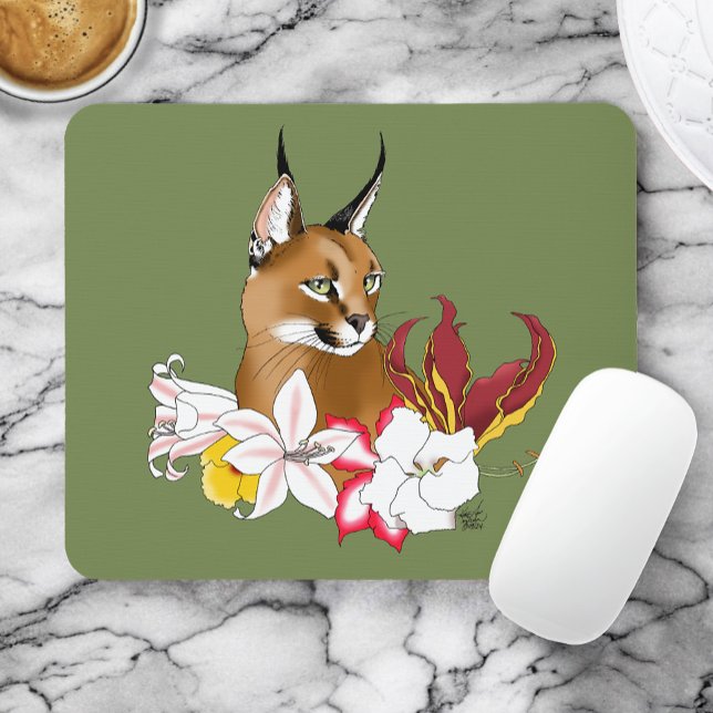 Elegant Caracal Vildkatt Liljor Blommig Grön Musmatta (Skapare uppladdad)