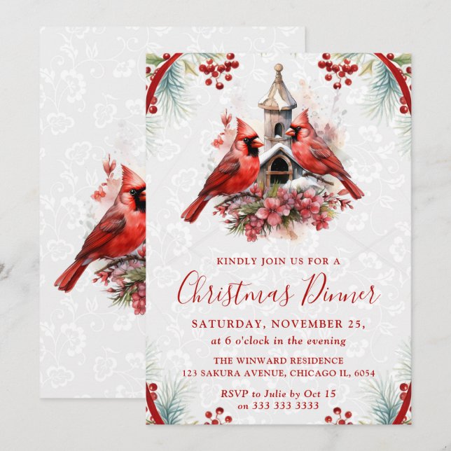 Elegant Cardinal Christmas Dinner Invitation Inbjudningar (Fram/baksida)