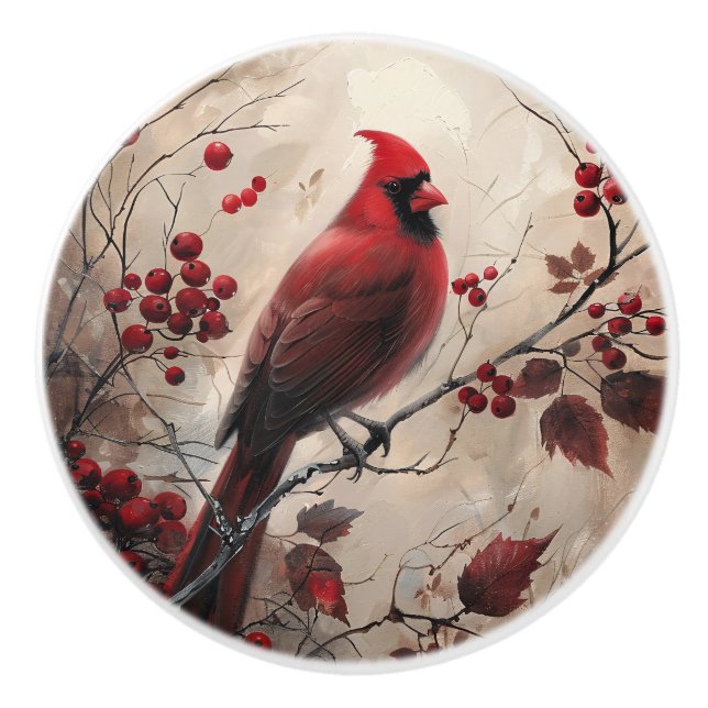Elegant Cardinal och Berries Wildlife Painting Knopp (Framsidan)