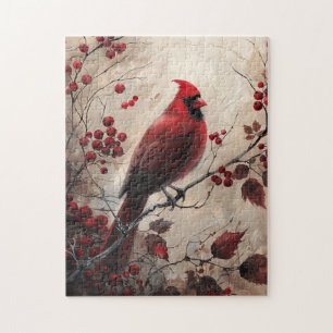 Elegant Cardinal och Berries Wildlife Painting Pussel