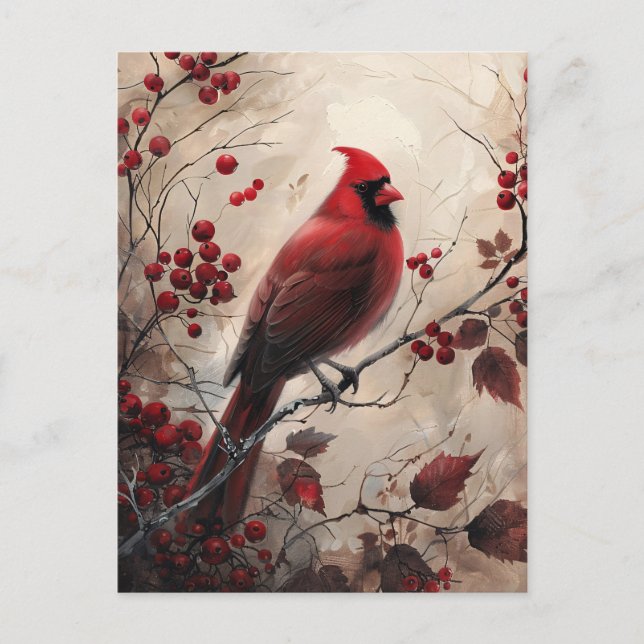 Elegant Cardinal och Berries Wildlife Painting Vykort (Framsida)