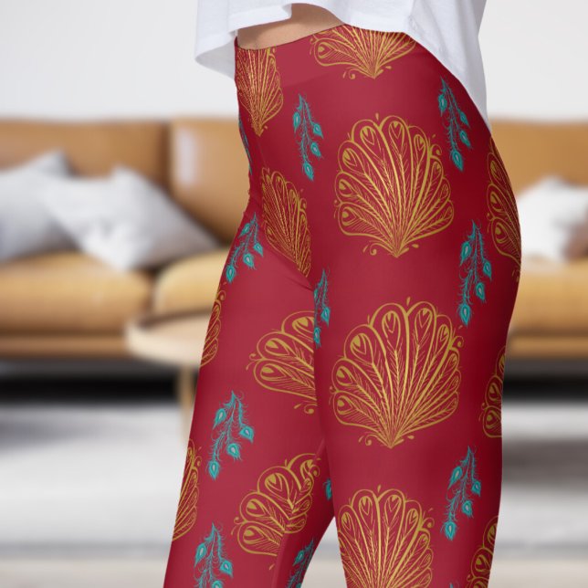 Elegant Carmine Red Peacock Fläkt Mönster Leggings (Peacock Fan on Carmine Leggings)