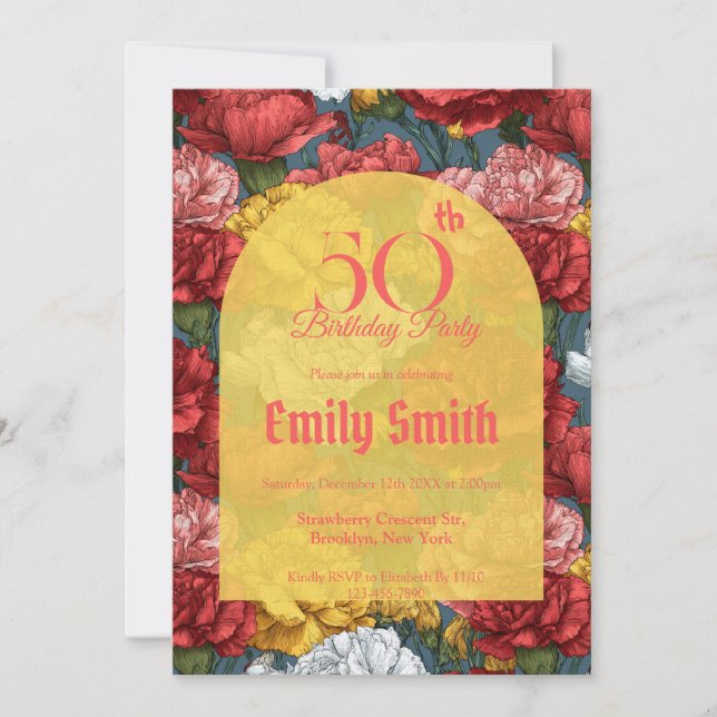 Elegant Carnation Themed Milestone Birthday Inbjudningar (Framsida)