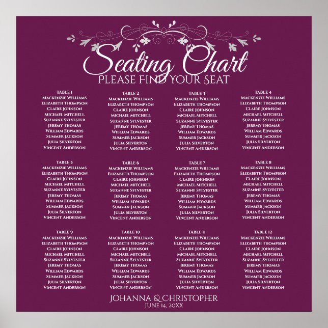 Elegant Cassis 12 Bord Bröllop-sittplatsplan Poster (Framsidan)