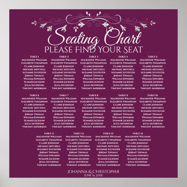 Elegant Cassis 14 Bord Bröllop-sittplatsplan Poster (Framsidan)