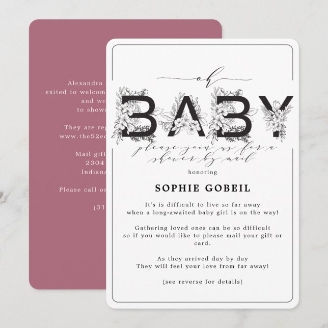 Elegant Cassis Lila Blommigt efter post Baby Showe Inbjudningar (Fram/baksida)