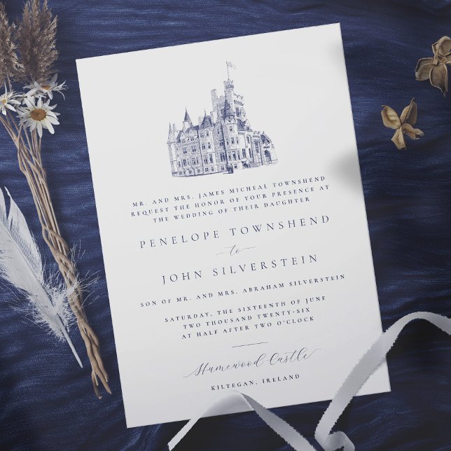 Elegant Castle Illustration Formal Bröllop Inbjudningar (Elegant white formal wedding invitation with an illustration of a castle)