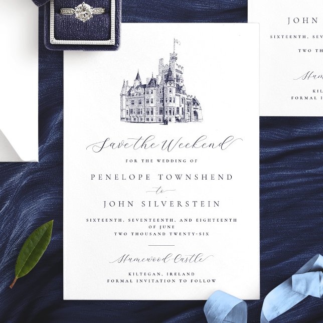 Elegant Castle Illustration Helg Bröllop Spara Datumet (Elegant Castle Illustration Weekend Wedding Save The Date Mock)