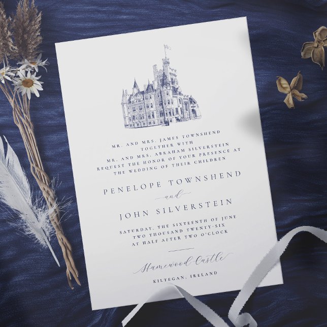 Elegant Castle Illustration Parents Host Bröllop Inbjudningar (In Situ. Wedding invitation w/ vintage castle illustration, text denotes that both parents hosting)