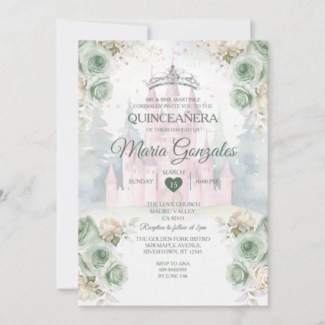 Elegant Castle Sage Grönt Princess Quinceañera Inbjudningar (Framsida)