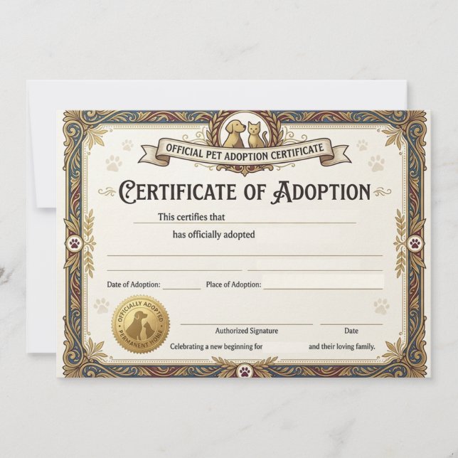 Elegant Cat Adoption Certificate Card Tack Kort (Framsida)