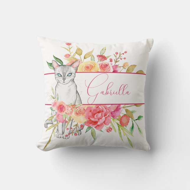 Elegant Cat and Garden Flowers Dekorativ kudde (Framsida)