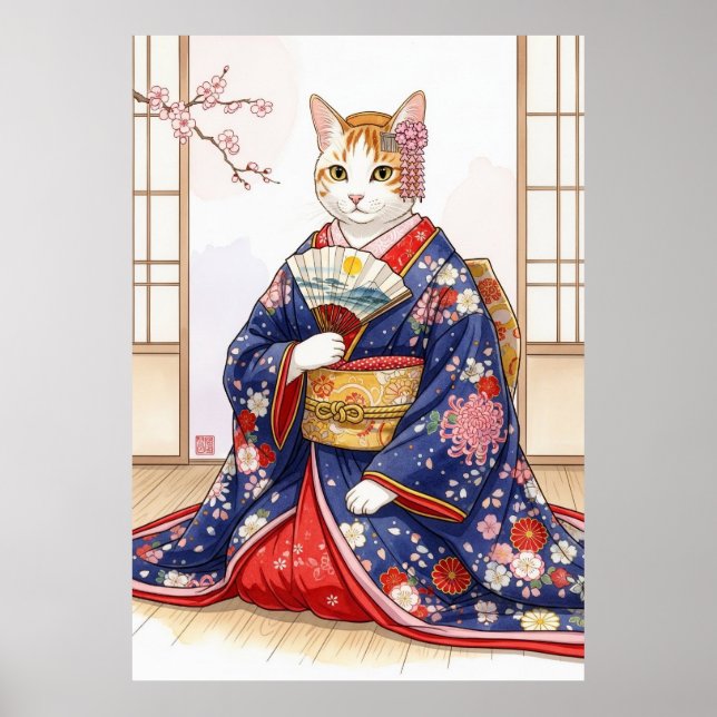 Elegant Cat in Traditional Japanese Kimono Cute Poster (Framsidan)