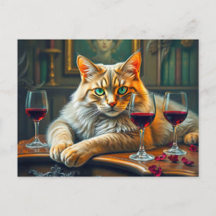 Elegant Cat med rödglas Vin Vykort