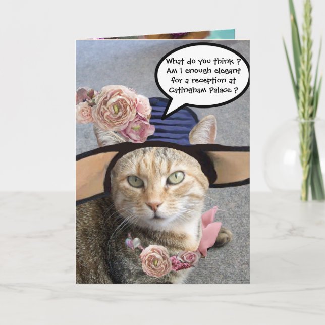 ELEGANT CAT MED STOR DIVA HAT,ROSA ROS födelsedag Kort (Framsida)