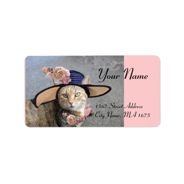 ELEGANT CAT MED STOR DIVA HAT,ROSA ROS Valentine Adressetikett (Framsidan)