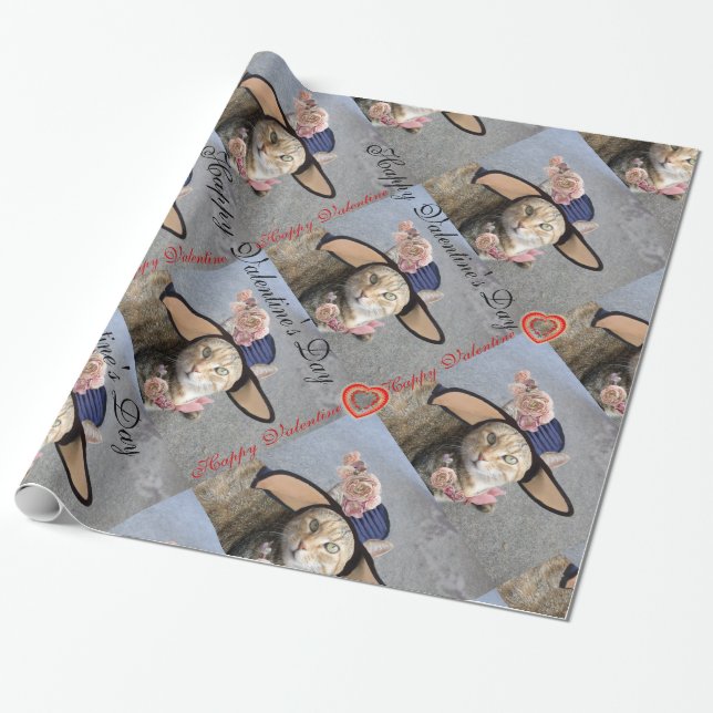 ELEGANT CAT MED STOR DIVA HAT,ROSA ROS Valentine Presentpapper (Utrullad)