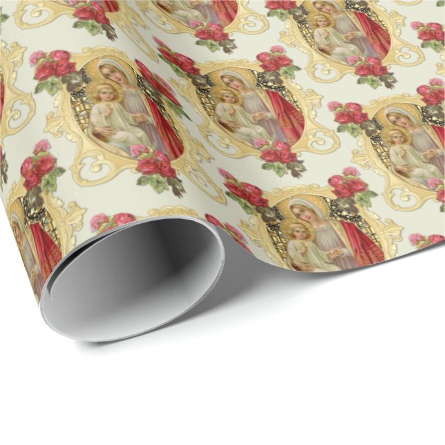 Elegant Catholik Virgin Mary Jesus Röd ros Wrap Presentpapper (Rullad Hörn)