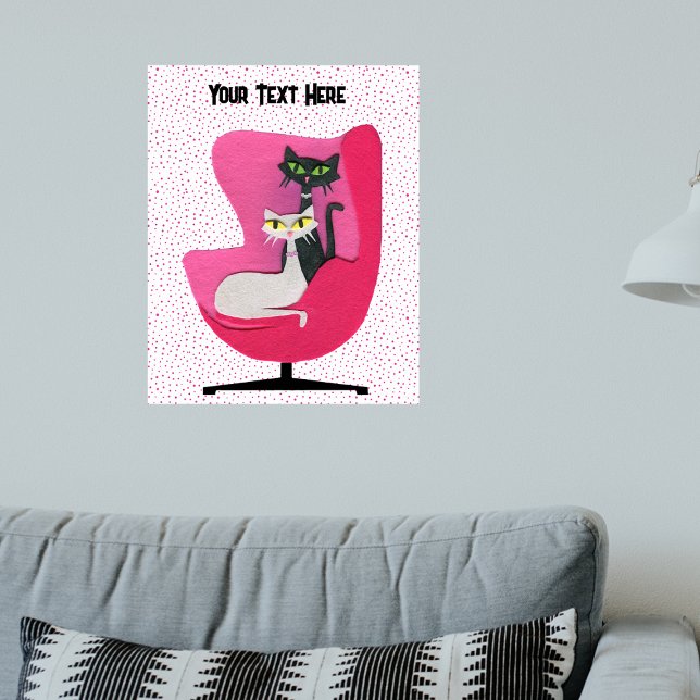 Elegant Cats Diamond Collars i Rosa-stolsdockor Poster (Elegant cats diamond collars in mid century pink chair on white with pink dots artwork poster.)