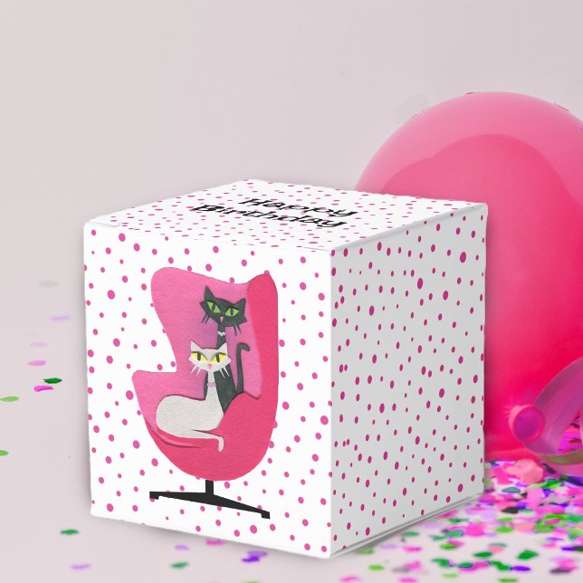 Elegant Cats Mid Century Chair Polka Dots Birthday Presentaskar (Elegant black and white cats sitting in pink chair on white with pink polka dots favor or gift box.)
