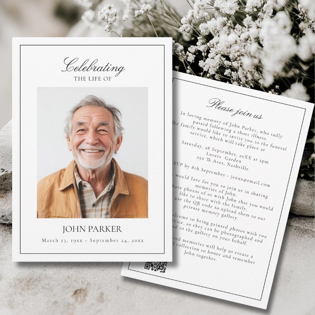 Elegant Celebration of Life Funeral Photo QR Code Inbjudningar (Elegant Celebration of Life Funeral Photo QR Code Invitation)