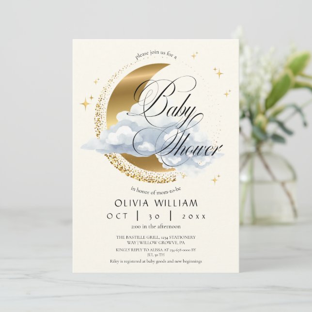 Elegant Celestial Beige Script Baby Shower  Inbjudningar (Stående Fram)