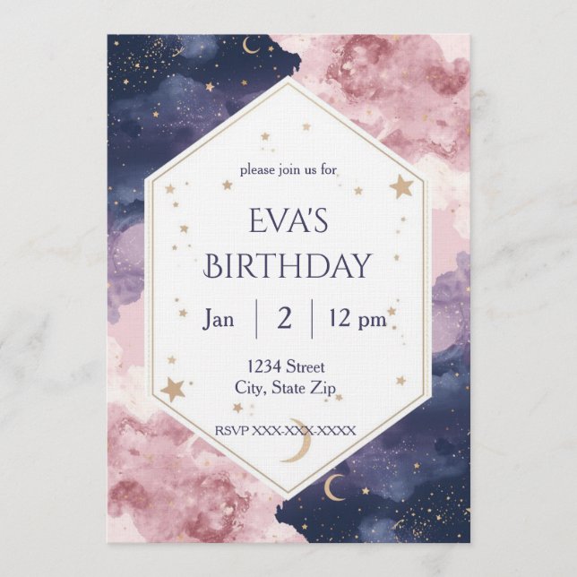 Elegant Celestial Birthday Invitation – Watercolor Inbjudningar (Framsida)