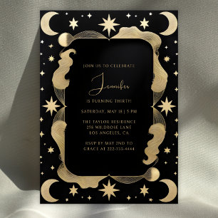 Elegant Celestial Black & Guld Stars 30års födelse Inbjudningar