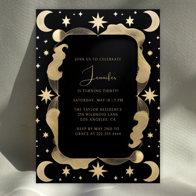 Elegant Celestial Black & Guld Stars 30års födelse Inbjudningar (Elegant Celestial 30th Birthday Invitation Black & Gold Stars and Moon Party Invite)