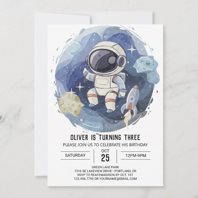 Elegant Celestial Editable Astronaut Boy Birthday Inbjudningar (Framsida)