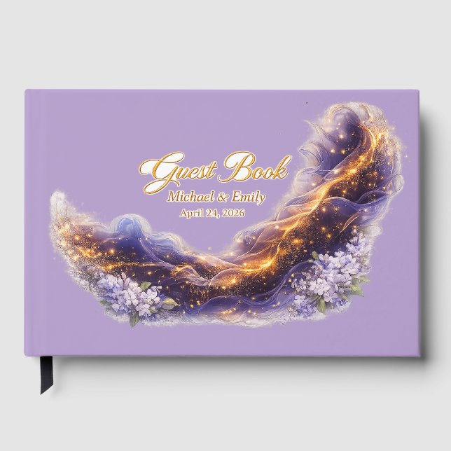 Elegant Celestial Lila  Guld Bröllop Gästbok  (Framsida)