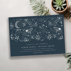Elegant Celestial Navy Starry Night Måne Bröllop Inbjudningar