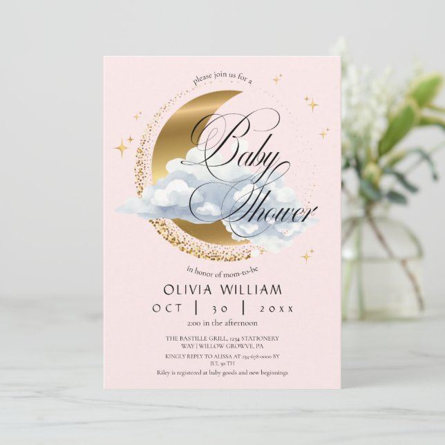 Elegant Celestial Pink Script Baby Shower  Inbjudningar (Stående Fram)