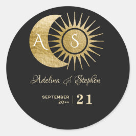 Elegant Celestial Svart Guld Sol Måne Monogram Krö Runt Klistermärke
