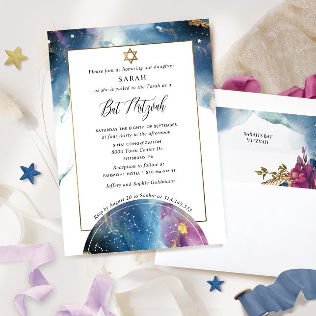 Elegant Celestial Watercolor Bat mitzvah Inbjudningar (Skapare uppladdad)