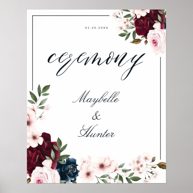 Elegant Ceremony Watercolor Burgundy Navy Blommigt Poster (Framsidan)