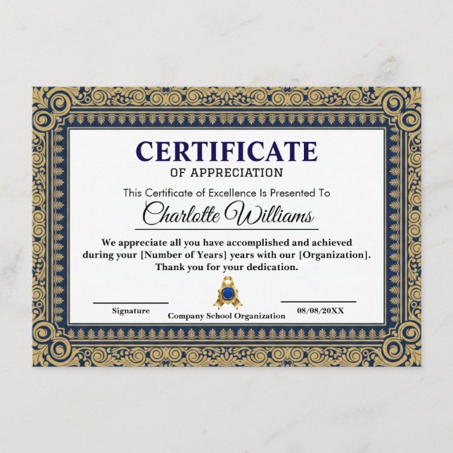 Elegant Certificate of Appreciation Blue Gold Tilläggskort (Framsida)
