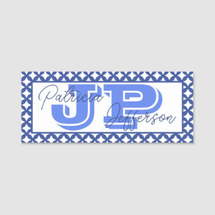 Elegant Cerulean Blått Nät Unikt Monogram Namnbricka