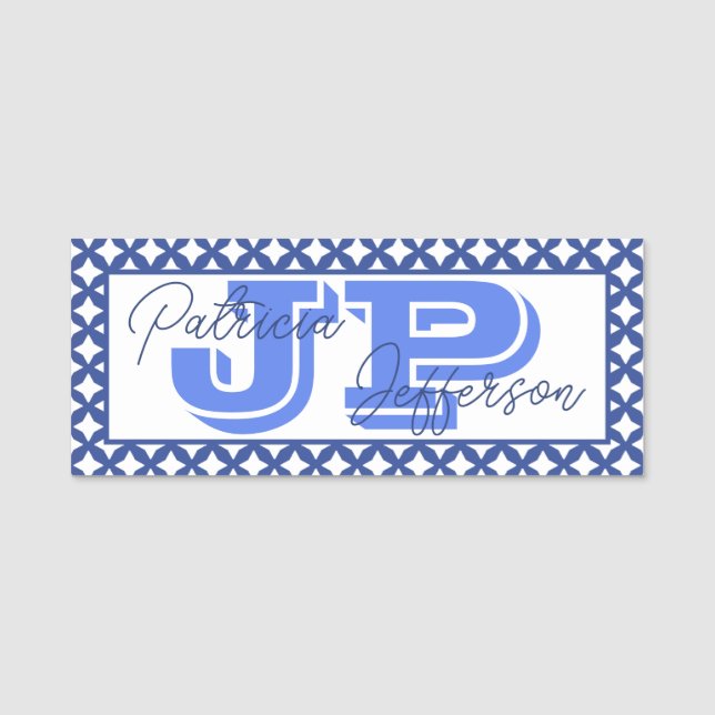 Elegant Cerulean Blått Nät Unikt Monogram Namnbricka (Framsida)