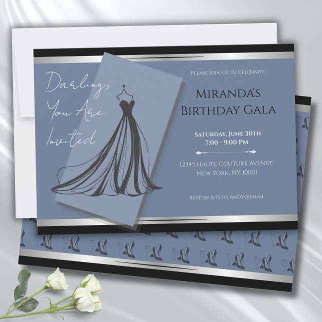 Elegant ceruleanblå mode galafest inbjudan (Chic cerulean blue fashion gala birthday invitation with silver accents & couture gown.)