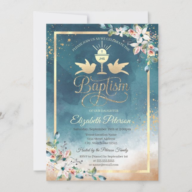 Elegant Chalice Watercolor Flowers Baptism Inbjudningar (Framsida)
