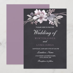 Elegant Chalkboard Lila Blommigt Winter Wedding Inbjudningar