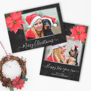 Elegant Chalkboard Poinsettia Christmas Photo Julkort