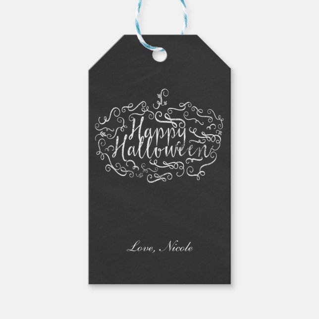 Elegant Chalkboard Pumpkin Happy halloween Party Presentetikett (Framsidan)