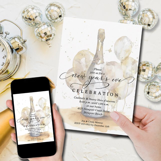 Elegant Champagne and Balloons New Year's Eve Inbjudningar (Champagne bottle and gold balloons New Year's Eve party invitations, PRINTED and/or INSTANT DOWNLOAD)