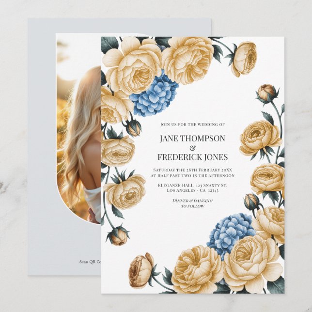Elegant Champagne and Dusty Blue Floral Wedding Inbjudningar (Fram/baksida)